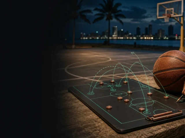 Picha ya uhariri ya mchambuzi mtu mzima wa Tanzania akiwa na court diagram na notebook bila timu, fixture, score, odds, ticket au salio