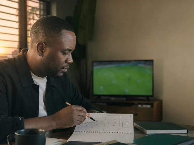 Mchoro wa uhariri wa kubuni wa mchambuzi mtu mzima wa Tanzania akitumia daftari na data za mechi, bila prediction, odds, tiketi, score au matokeo halisi