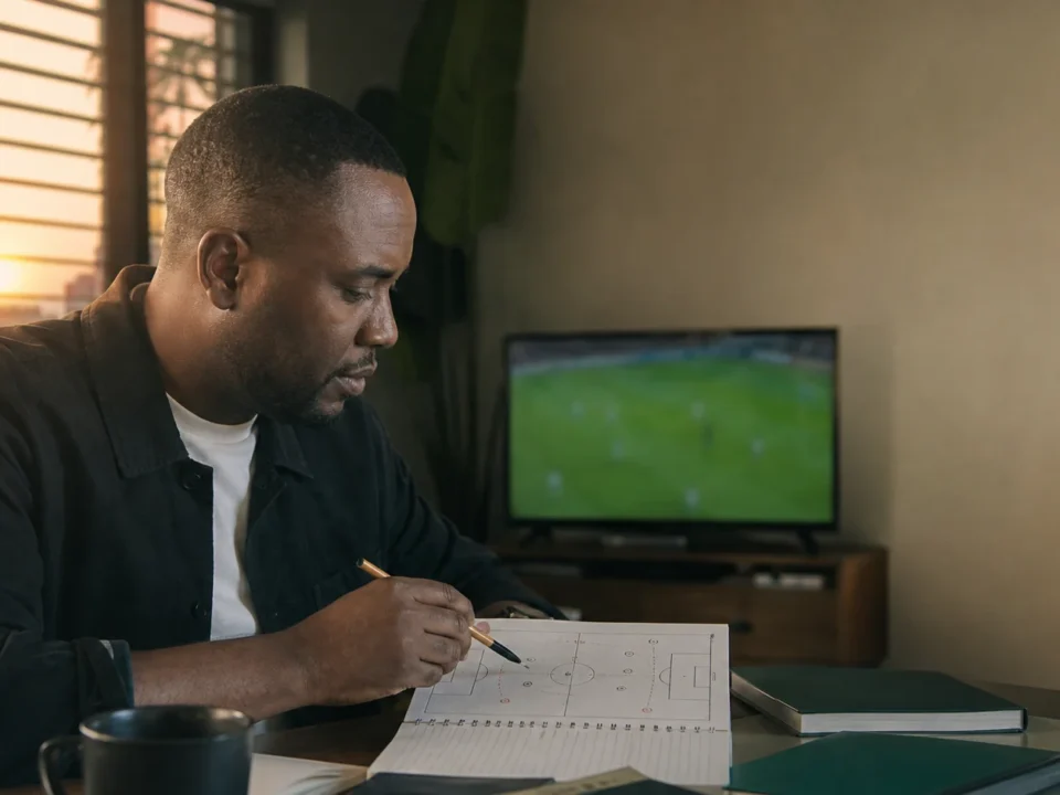 Mchoro wa uhariri wa kubuni wa mchambuzi mtu mzima wa Tanzania akitumia daftari na data za mechi, bila prediction, odds, tiketi, score au matokeo halisi