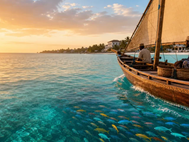 Dhow ya Zanzibar ikisafiri kwenye maji ya turquoise yenye samaki wanaoonekana chini