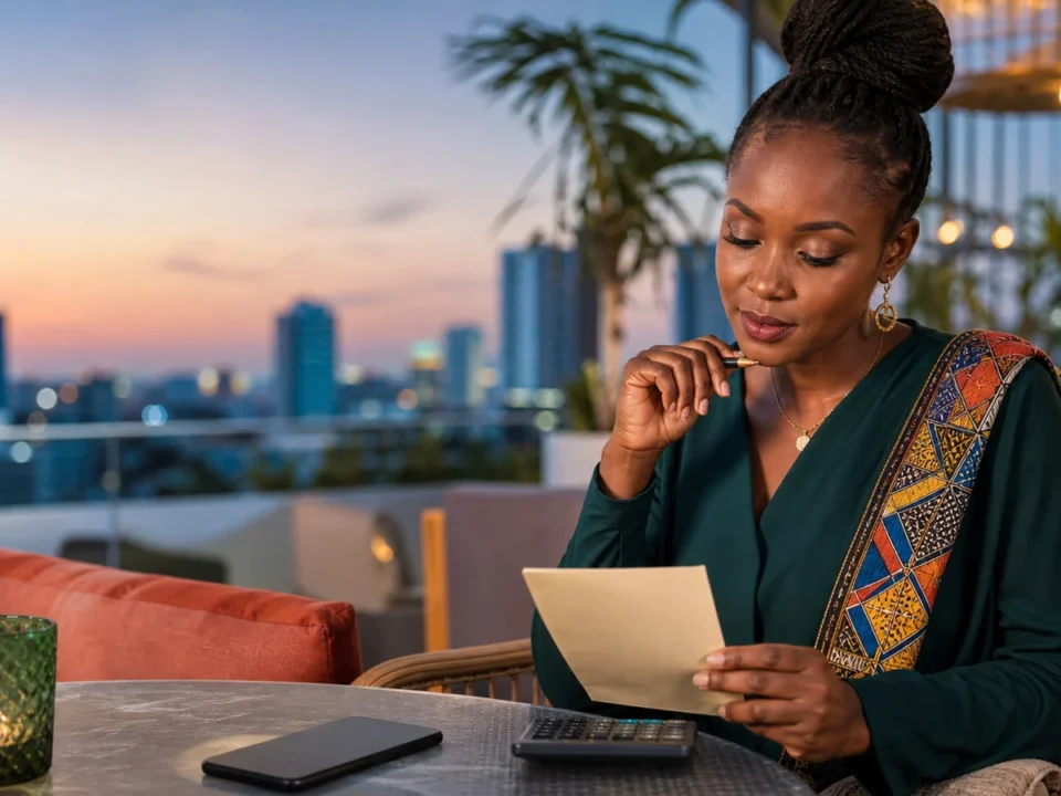 Mwanamke wa Tanzania akisoma masharti ya bonasi bila deposit akiwa Dar es Salaam