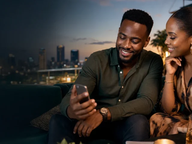 Marafiki wawili watu wazima Tanzania wakisoma mwongozo wa casino referral bonus kwenye simu