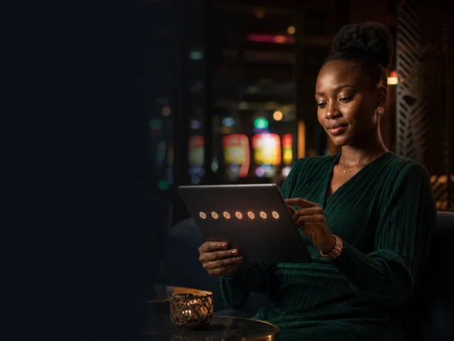 Mhariri wa Tanzania akikagua weekly casino bonus kwa tablet katika mazingira ya kisasa ya kasino