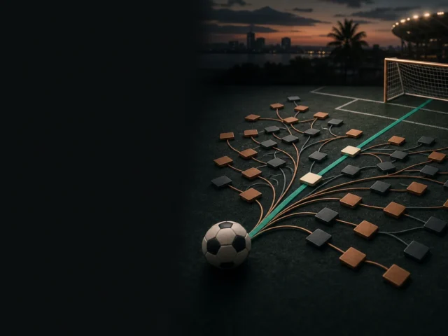 Picha ya uhariri ya football analysis desk yenye score grid ya kubuni bila club, fixture, result, ticket, odds, salio au operator