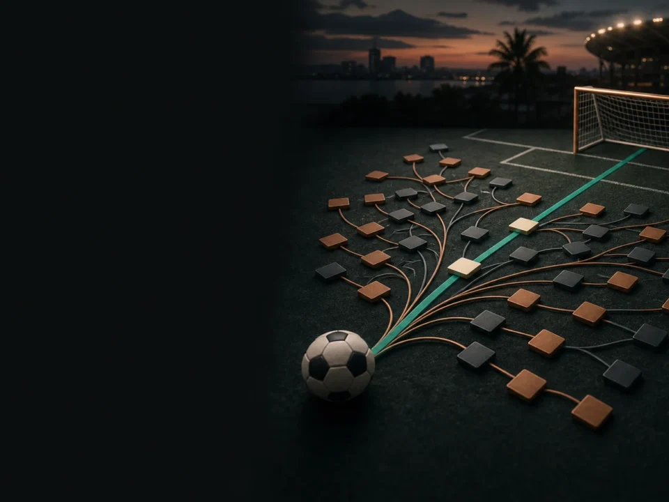 Picha ya uhariri ya football analysis desk yenye score grid ya kubuni bila club, fixture, result, ticket, odds, salio au operator