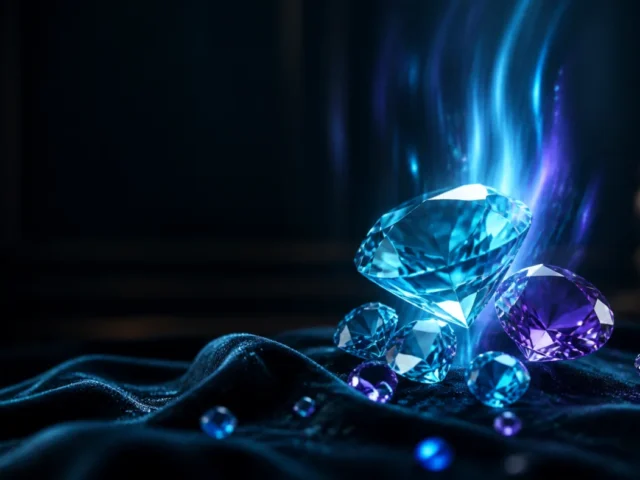 Almasi za cyan na violet zikimeta juu ya velvet nyeusi katika taswira ya uhariri ya Diamond Blitz
