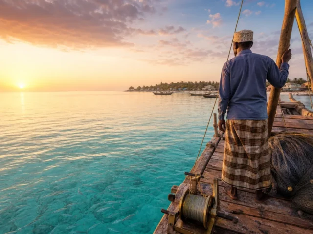 Mvuvi mtu mzima kwenye dhow ya Tanzania wakati wa alfajiri juu ya maji ya turquoise