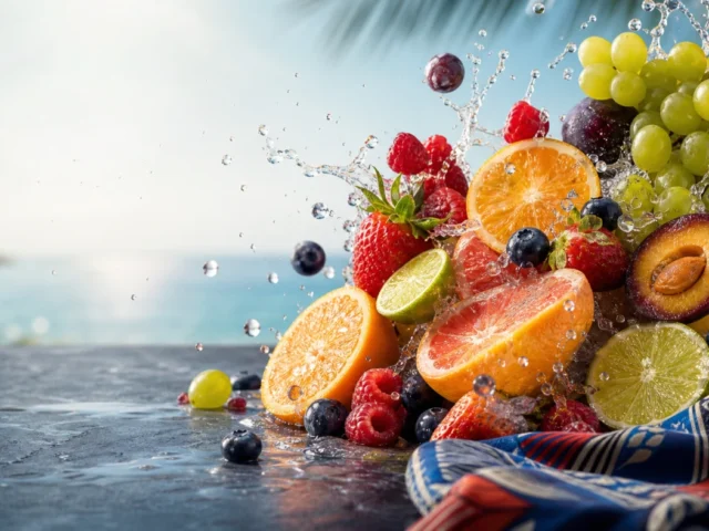 Mandhari ya matunda yenye rangi iliyotengenezwa kama sanaa ya uhariri kwa Fruit Party 2 Tanzania