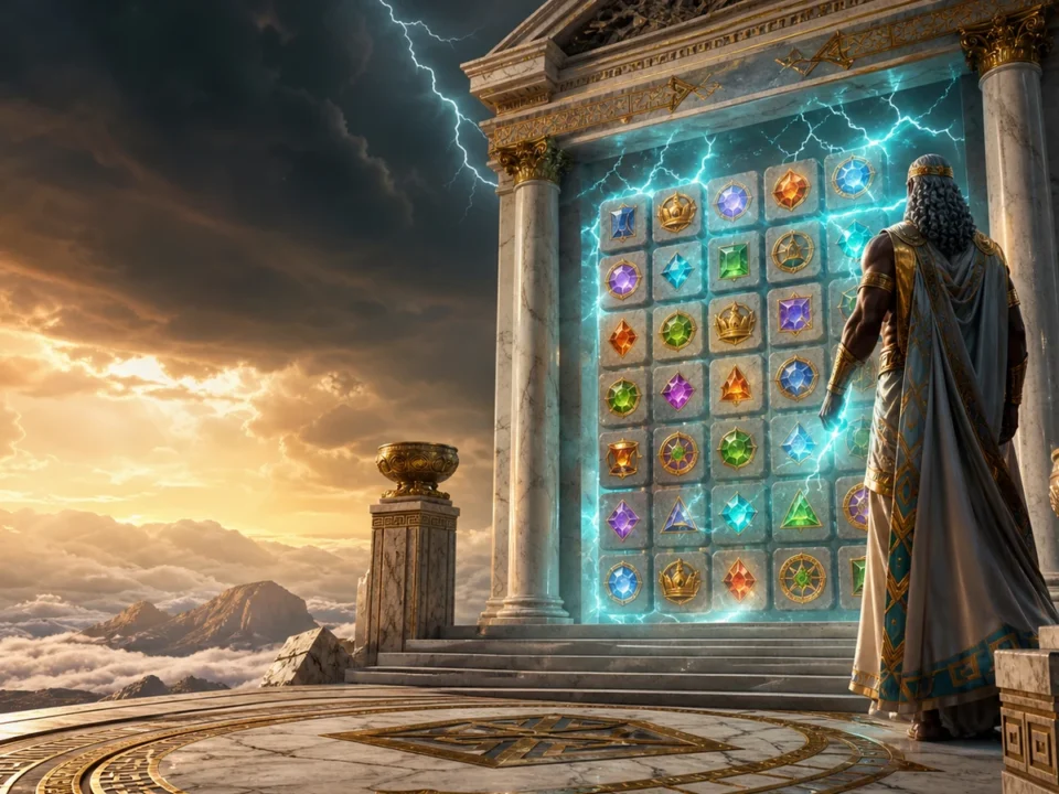 Gates of Olympus katika taswira ya kubuni ya hekalu la Zeus na grid ya reels sita kwa rows tano