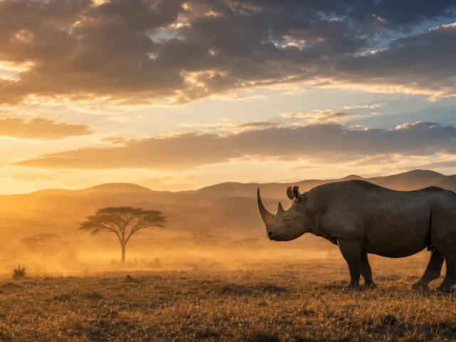 Faru mkubwa kwenye uwanda wa Serengeti wakati wa machweo yenye vumbi la dhahabu