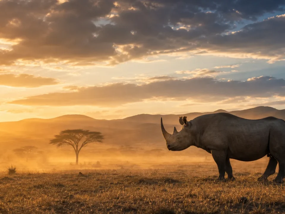 Faru mkubwa kwenye uwanda wa Serengeti wakati wa machweo yenye vumbi la dhahabu