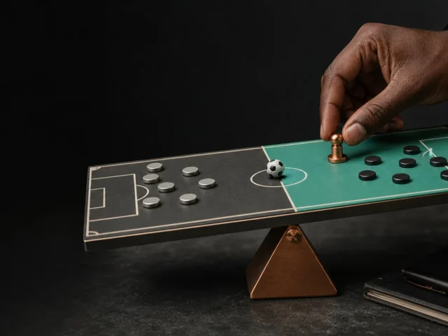 Picha ya uhariri ya kubuni ya mchambuzi mtu mzima wa Tanzania akilinganisha tile ya plus na minus kwenye analysis desk, bila tiketi, odds, salio au operator
