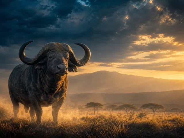Nyati mkubwa wa savanna katika mwanga wa dhahabu na turquoise kwa taswira ya Immortal Ways Buffalo
