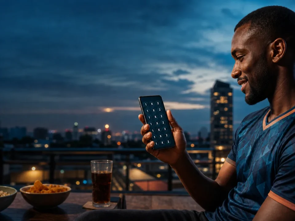 Shabiki mzima wa mpira wa Tanzania akiangalia mchoro wa kubuni wa ratiba za 1X2 kwenye simu akiwa juu ya jengo Dar es Salaam