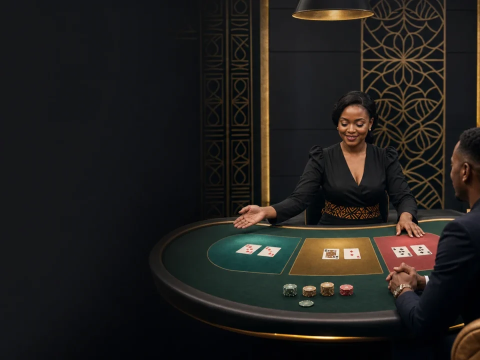Live baccarat Tanzania katika studio ya kubuni yenye dealer na meza ya Player, Banker na Tie
