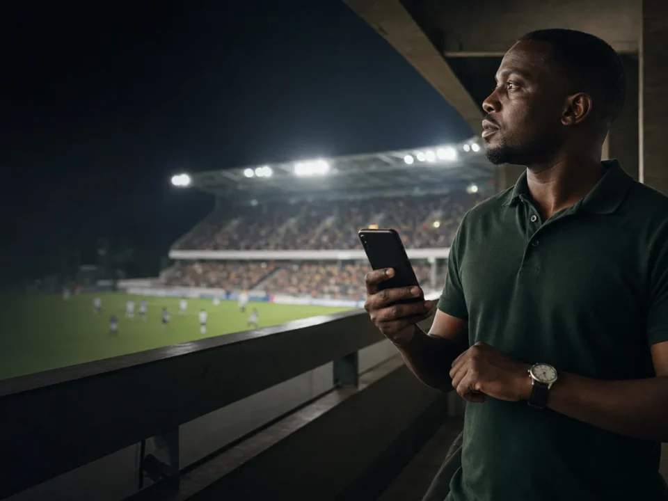 Picha ya uhariri ya kubuni ya shabiki mtu mzima wa Tanzania akitazama football kwenye lounge ya Dar es Salaam, bila tiketi, odds, salio, result au operator