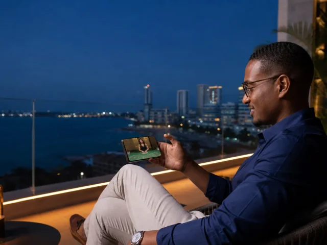 Picha ya kubuni isiyo na nembo: mtu mzima katika mandhari ya Dar es Salaam akitazama meza ya live casino kwenye simu; si mwendeshaji au akaunti halisi