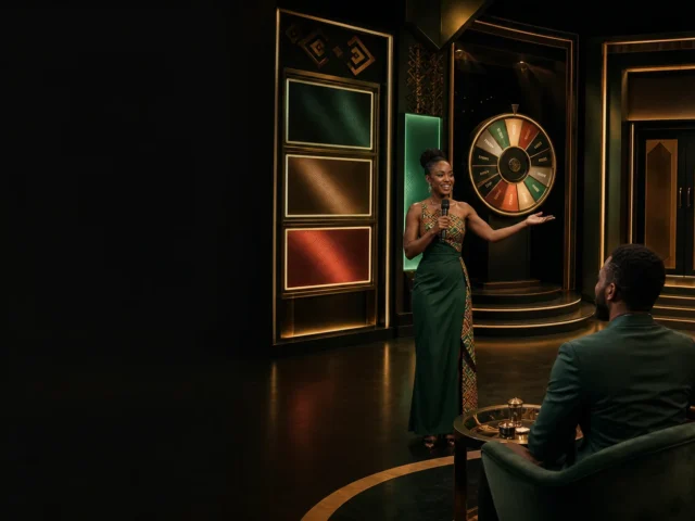 Live game shows Tanzania katika studio ya kubuni yenye host, gurudumu na jukwaa la kisasa