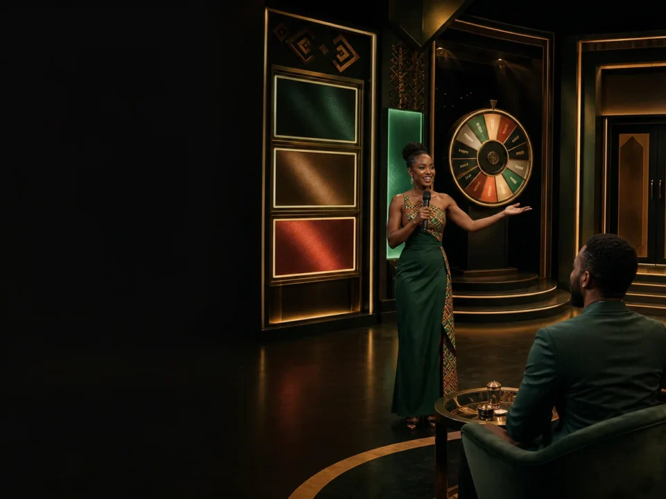 Live game shows Tanzania katika studio ya kubuni yenye host, gurudumu na jukwaa la kisasa