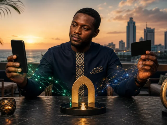 Mobile money dhidi ya bank card kwenye taswira ya uhariri yenye simu, wallet na kadi isiyo na taarifa binafsi