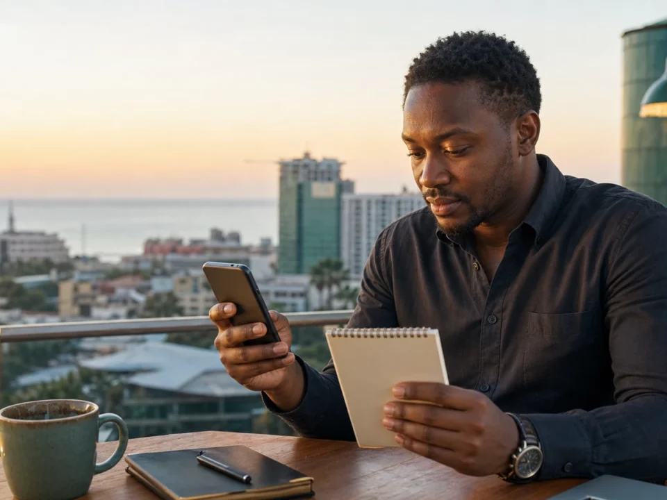 Mtu mzima wa Tanzania akihakiki maelezo ya malipo ya M-Pesa kwa simu na daftari Dar es Salaam