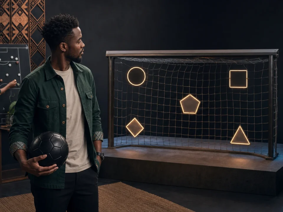 Taswira ya penalty shootout casino game yenye goli la mfano na maeneo matano ya kulenga