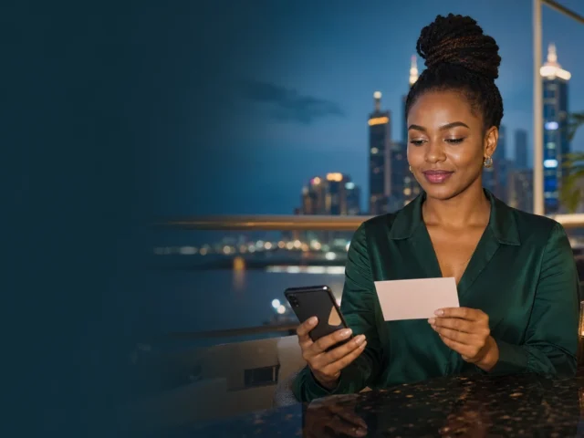 Mwanamke wa Tanzania akihakiki casino promo code Tanzania kwenye kadi tupu na simu