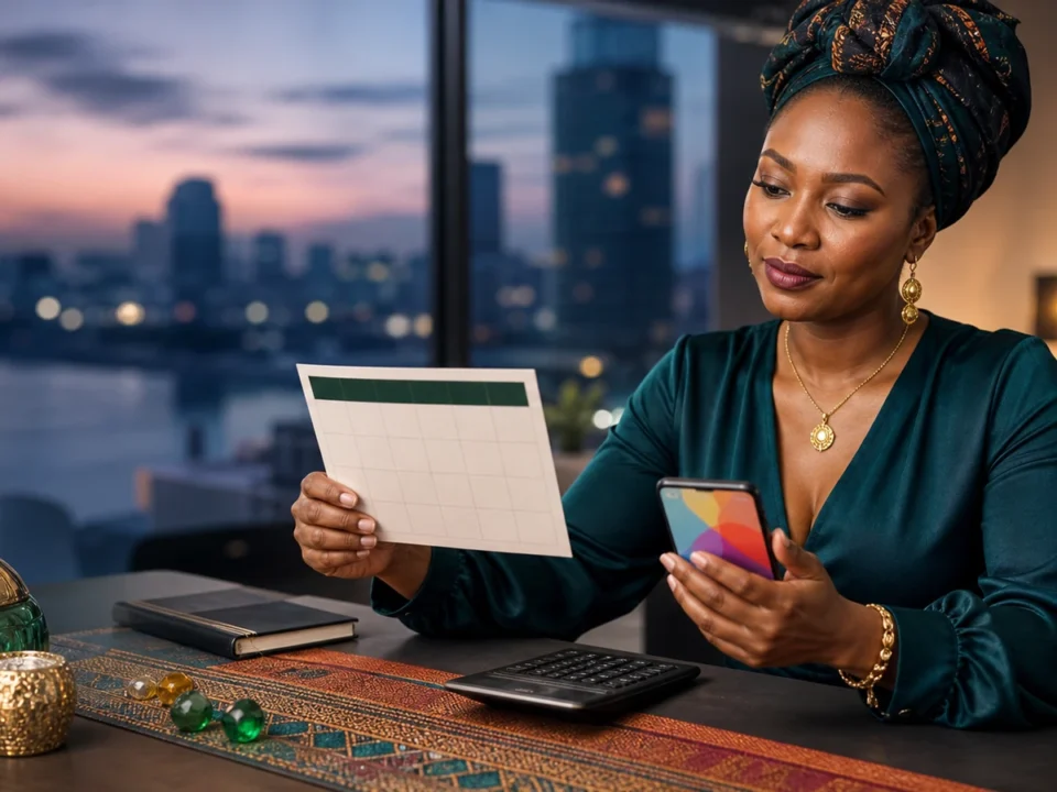 Mwanamke wa Tanzania akilinganisha muda na masharti ya reload bonus casino kwa simu, kalenda na calculator