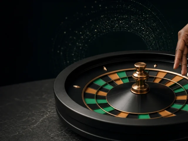 Gurudumu la Roulette la kubuni lenye zero ya kijani na mstari wa uwezekano juu ya meza nyeusi