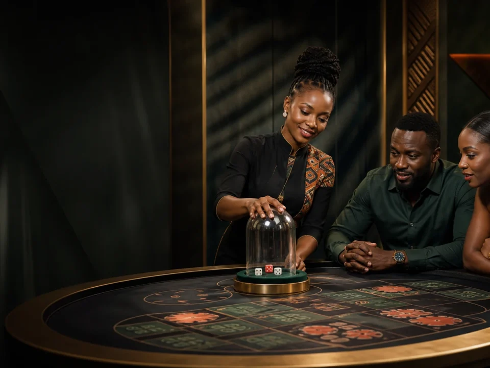 Sic bo Tanzania kwenye studio ya kubuni yenye dice tatu na betting grid ya kielimu