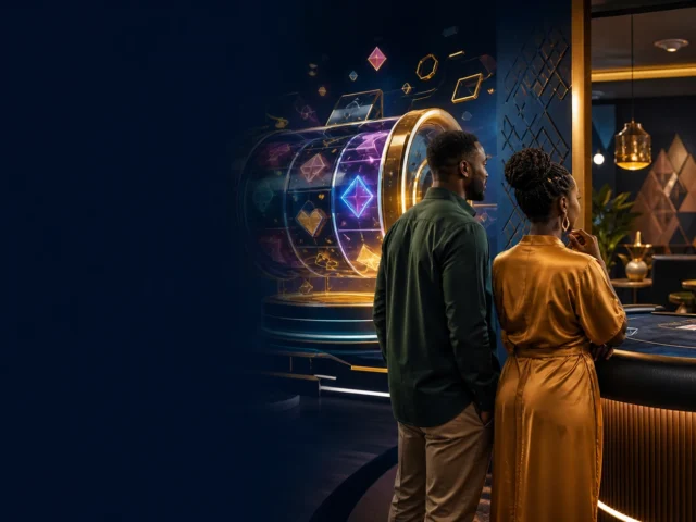 Slots dhidi ya live casino katika taswira ya uhariri yenye reels na meza ya dealer