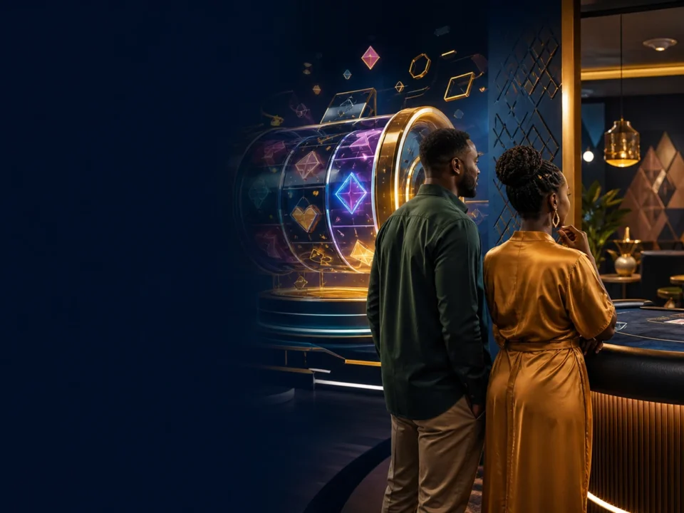 Slots dhidi ya live casino katika taswira ya uhariri yenye reels na meza ya dealer