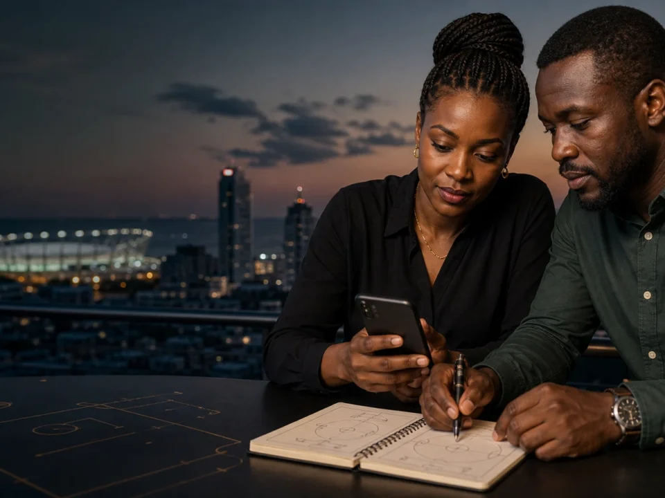 Mchoro wa uhariri wa kubuni wa mashabiki watu wazima wa Tanzania wakichambua sports betting kwenye paa Dar es Salaam, bila mwendeshaji, akaunti, salio, tiketi au matokeo halisi