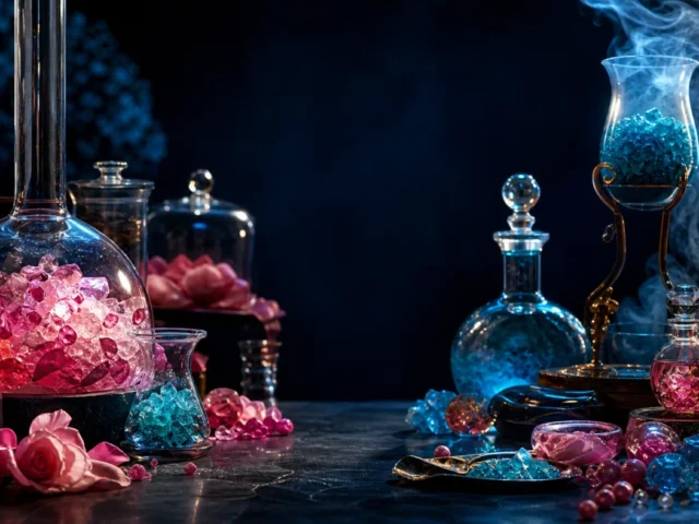 Maabara ya pipi yenye potion za waridi na bluu kwa taswira ya uhariri ya Sweet Alchemy