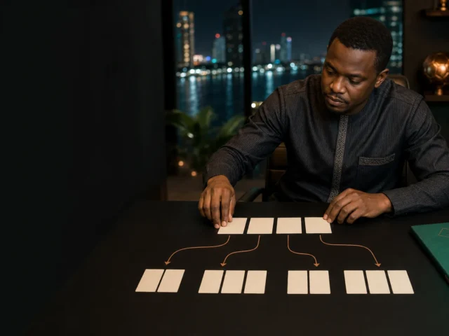 Mchambuzi mtu mzima wa Tanzania akipanga cards nne za kubuni kuwa combinations ndogo za system bet