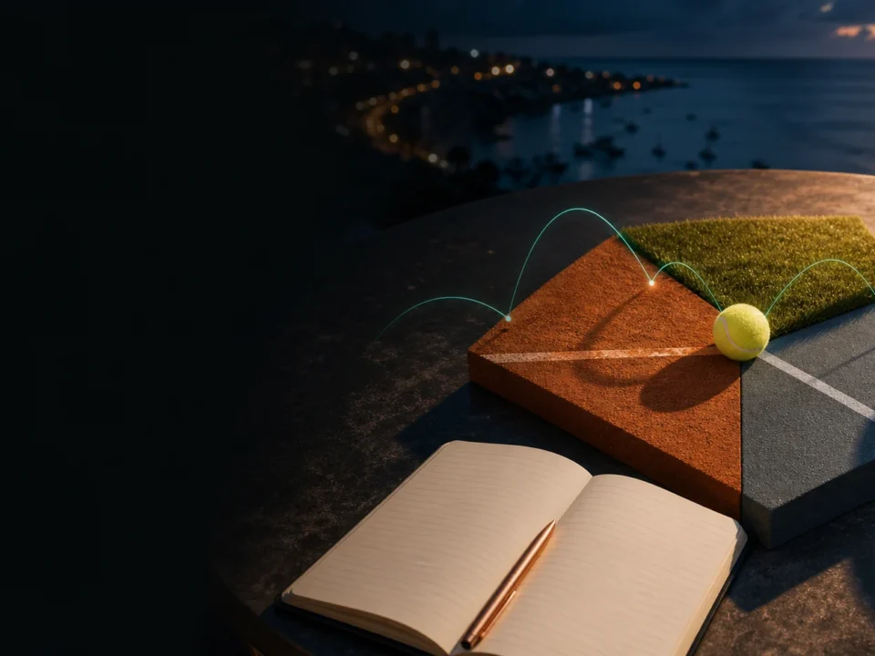 Picha ya uhariri ya mchambuzi mtu mzima wa Tanzania akiwa na tennis court diagram na notebook bila mchezaji, score, odds, ticket au salio