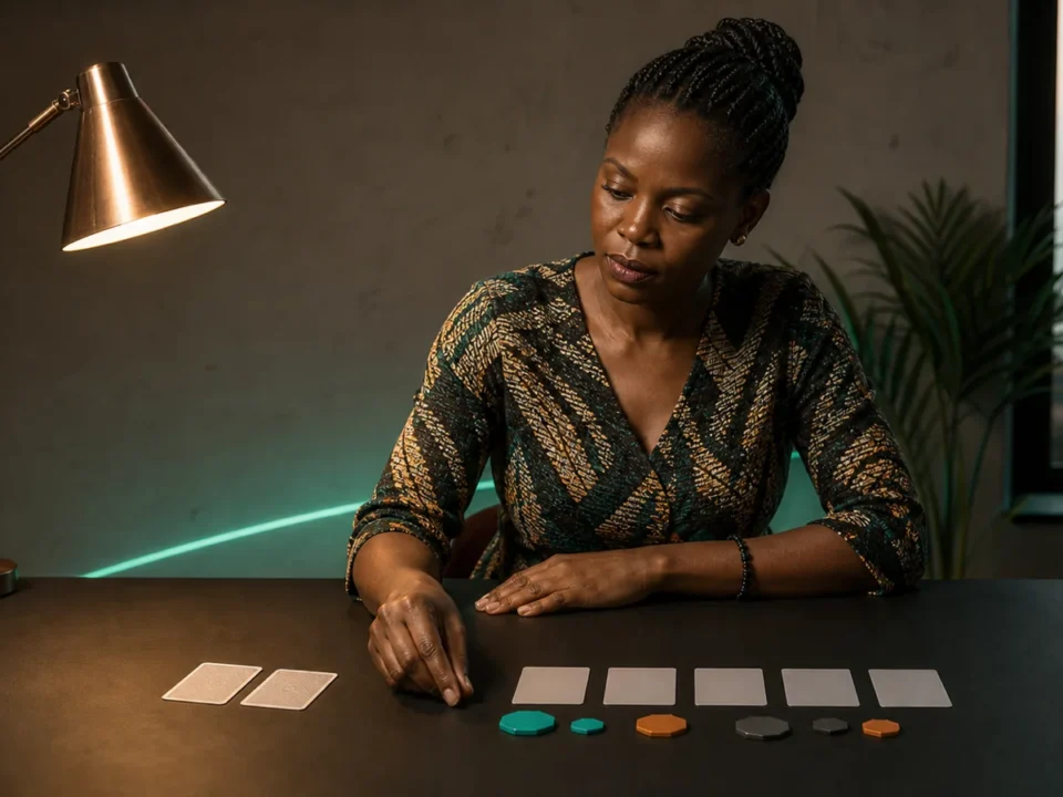 Picha ya kubuni ya mchezaji mtu mzima wa Tanzania akijifunza texas holdem poker kwa hole cards na community board