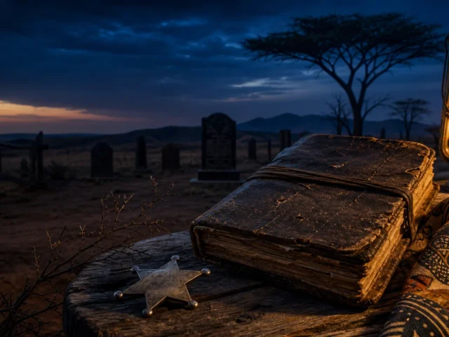 Mandhari ya magharibi yenye jua la jioni, mbao nyeusi na maumbo ya jiwe katika taswira ya Tombstone RIP Tanzania