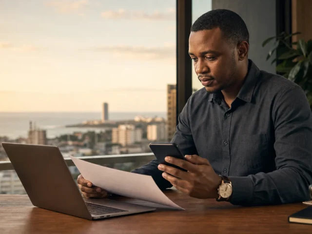 Mtu mzima wa Tanzania akihakiki maelezo ya uhamisho wa benki kwa simu, karatasi na laptop Dar es Salaam