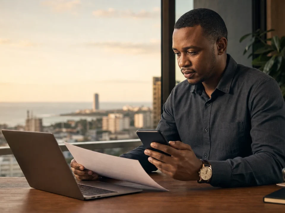 Mtu mzima wa Tanzania akihakiki maelezo ya uhamisho wa benki kwa simu, karatasi na laptop Dar es Salaam