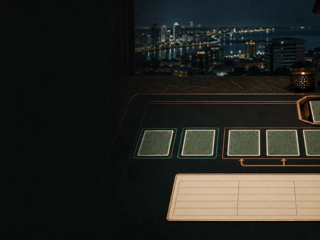 Picha ya uhariri ya five-card study yenye card backs za kubuni na paytable notes bila casino cabinet au interface