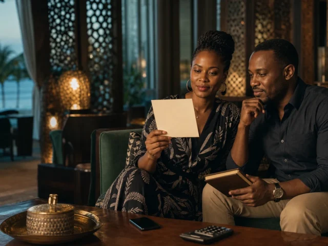 Watu wazima wa Tanzania wakikagua invitation ya casino vip program kwa kartasi tupu, notebook na calculator
