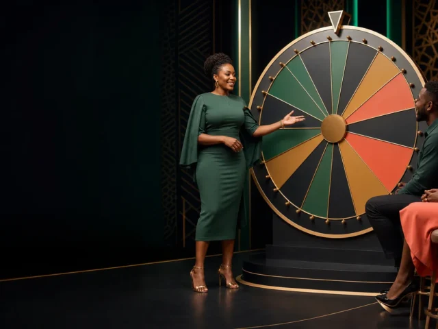 Wheel games Tanzania kwenye studio ya kubuni yenye gurudumu la rangi, pointer na segments