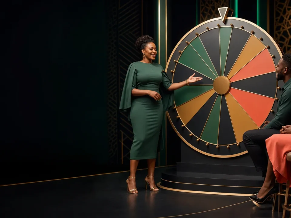 Wheel games Tanzania kwenye studio ya kubuni yenye gurudumu la rangi, pointer na segments